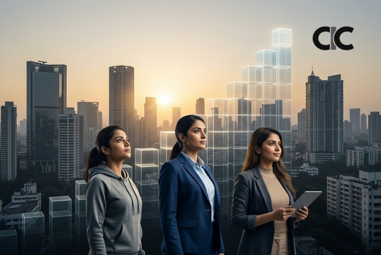 Three Indian women professionals standing before an abstract rising digital graph, representing salary growth and AI-enabled careers.