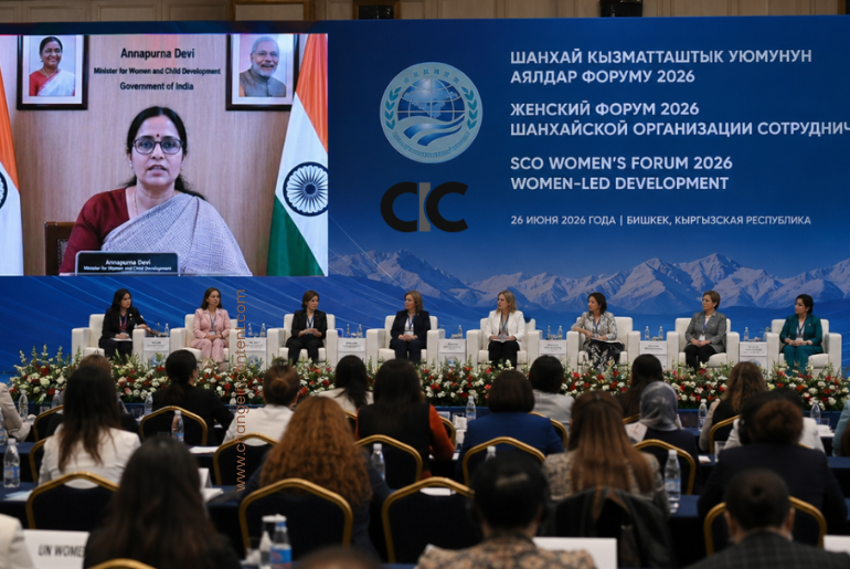 Women delegates seated in an international forum setting, during India’s statement at SCO Women’s Forum 2026.