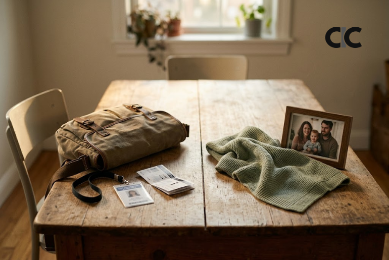 A work bag, bus pass, baby blanket and family photo on a table, representing the connection between women’s work and fertility decisions.