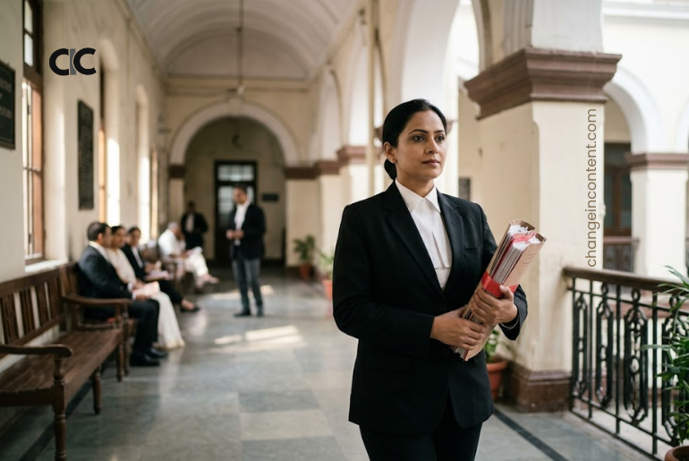 Woman advocate walking through a court corridor with case files, representing the need for better working conditions in court complexes.