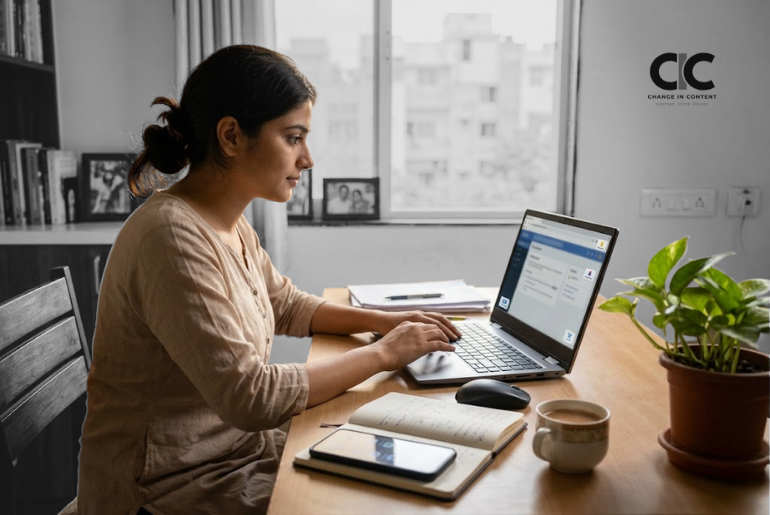 A young Indian woman working on a laptop and smartphone from home, representing what women want from digital work, including flexibility, safety, financial security, and growth.