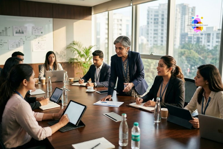 A senior woman leading a corporate strategy meeting with a diverse team, representing female workforce participation as a driver of productivity and business growth.