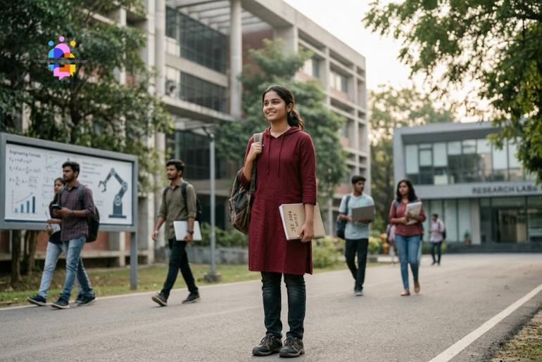 A young Indian woman student standing confidently near a modern engineering campus, representing girls qualifying for IITs through JEE Advanced 2026.