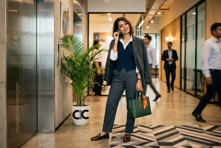 A stylish Indian woman in smart office wear with a structured bag and blazer, representing workplace fashion rules for women at work.