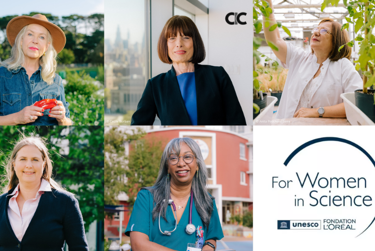 Banner for the 2026 L’Oréal–UNESCO For Women in Science International Awards with 5 Awardees