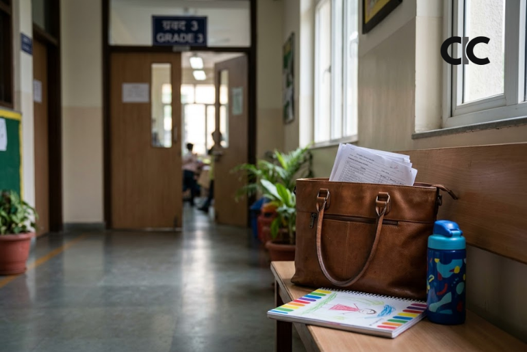 A school corridor with a teacher’s bag and child’s notebook, representing Child Care Leave Benefit for private school teachers.