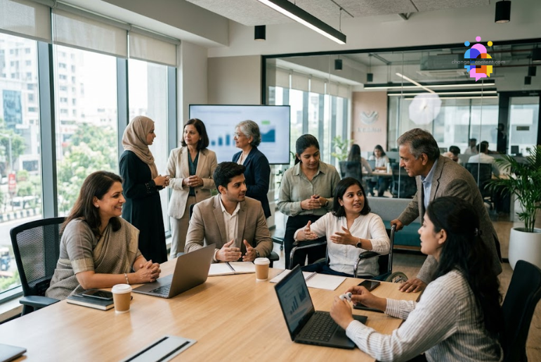 A diverse group of candidates and recruiters in a corporate hiring setting, representing inclusive workplaces and the changing direction of corporate hiring in India.