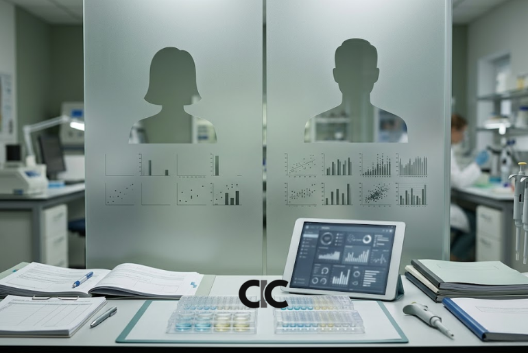 A clinical research setting with medical data charts and patient silhouettes, representing the gender gap in medicine trials and women’s health research.