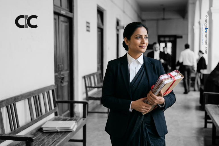 An Indian woman lawyer holding case files in a court corridor, representing women legal professionals in India and the need for fairer legal institutions.