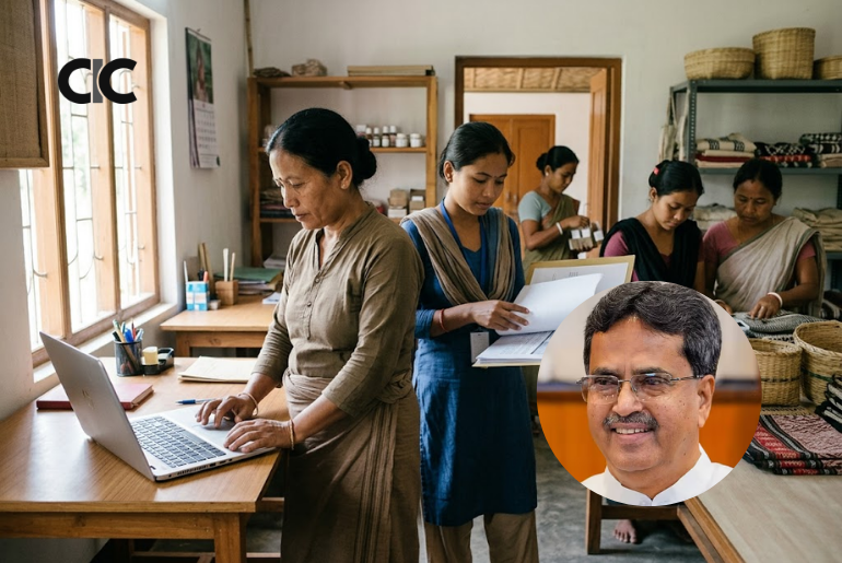 Women working in an office and enterprise setting in Tripura, representing the rise in women’s workforce participation in the state.