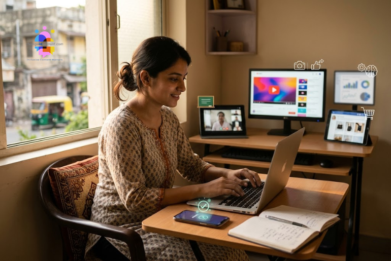 A young Indian woman working on a laptop and smartphone at home, representing women and the future of digital work in India.