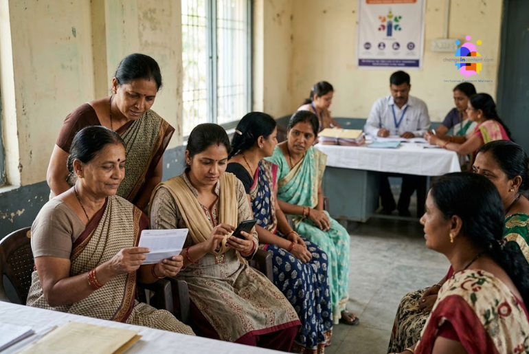 Indian women at a community support centre using a passbook and smartphone, representing women-centric welfare schemes and financial inclusion.