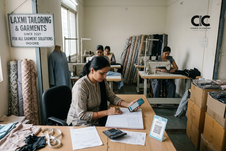 A woman proprietor reviewing records in a small Indian enterprise while women workers work in the background.