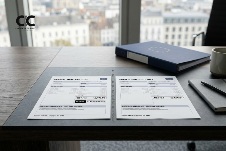 Two payslips on an office desk showing the EU Gender Pay Gap and the need for pay transparency.