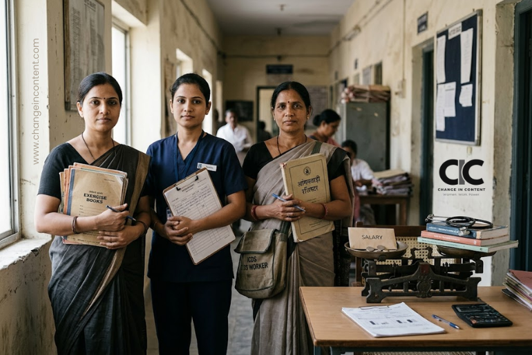 An Indian teacher, nurse and community health worker stand behind professional tools and a small salary envelope, representing the undervaluation of female-dominated work.
