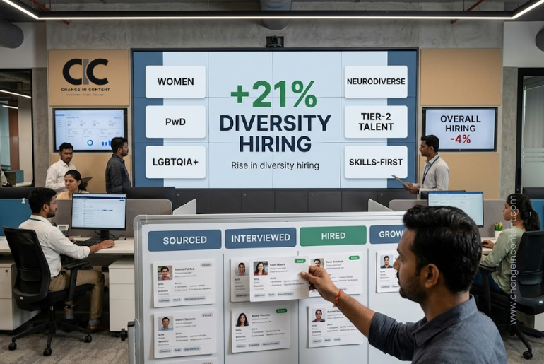 A hiring pipeline board showing diversity hiring up 21% while overall hiring slows, with candidate cards for women, PwD, LGBTQIA+ and tier-2 talent.