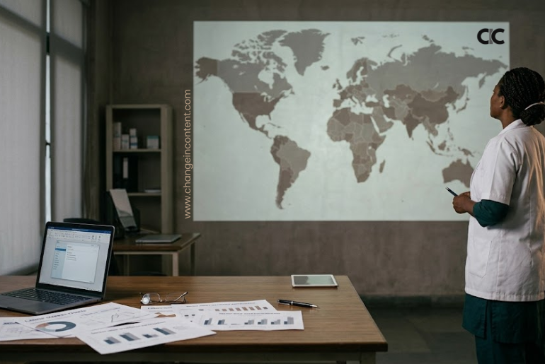 Woman analyst reviewing global labour market data on a world map, representing the Global Unemployment Gender Gap.