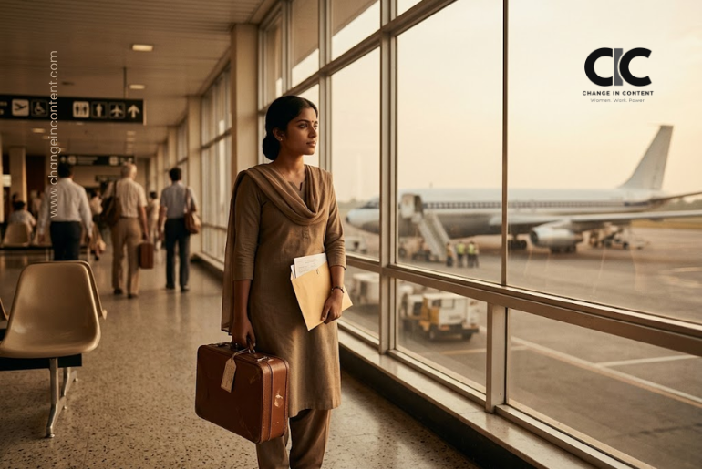 Young Kerala nurse at an airport with a suitcase, representing nurse migration to Germany’s healthcare system.