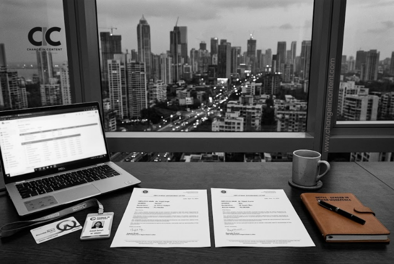 Salary slips on an office desk against an Indian city skyline, showing the gender income gap in million-plus cities.