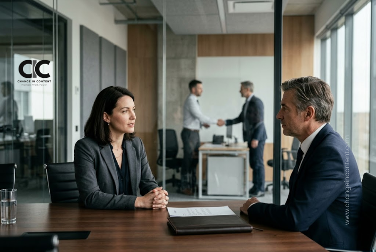 A woman discusses her salary with a manager as an offer letter lies on the table, while a man appears to secure an agreement in the background.