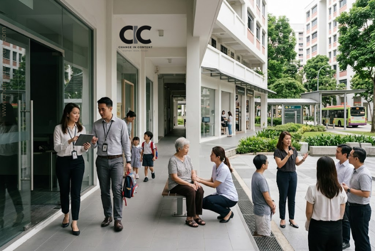 Singaporean women work, provide and receive care, run businesses and participate in public life within a connected urban community.
