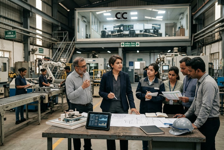 An Indian woman executive leads an industrial operations review as women work in technical roles across a modern manufacturing facility.