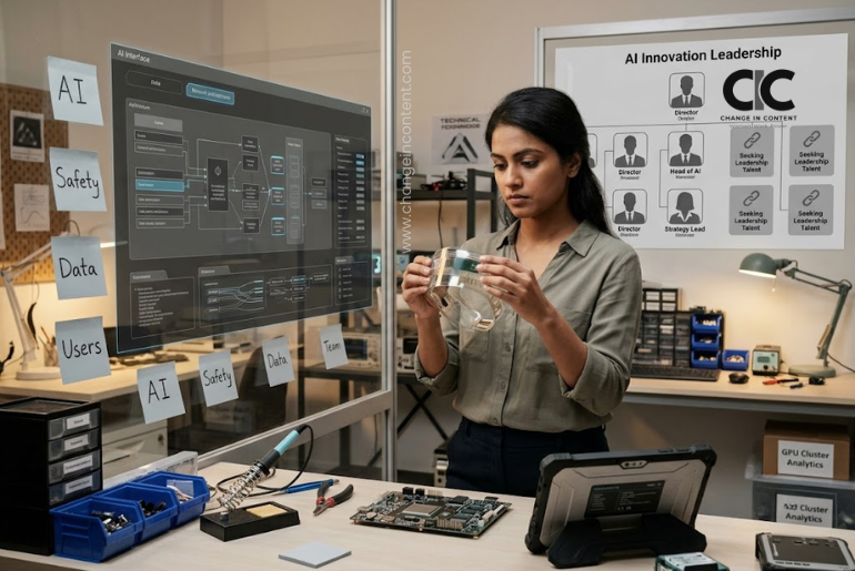 A woman engineer in an AI lab reviewing a product interface, representing the gender gap in technology and leadership.