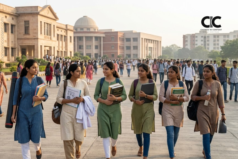 Young Indian women carrying books and technical study materials walk towards university buildings on a busy campus.