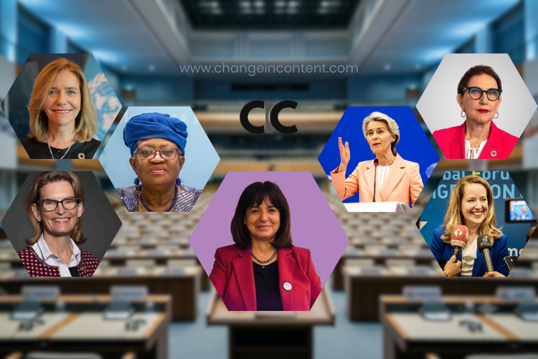 International conference hall with an empty podium, representing women’s leadership in global institutions, along with pictures of all the leaders mentioned.