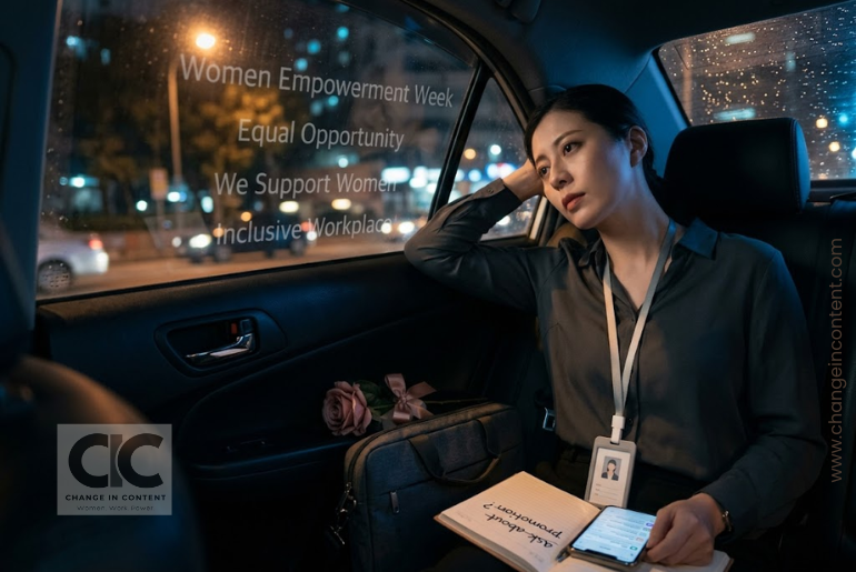 A working woman sitting quietly in a cab after work, with corporate equality messages reflected in the window beside her.