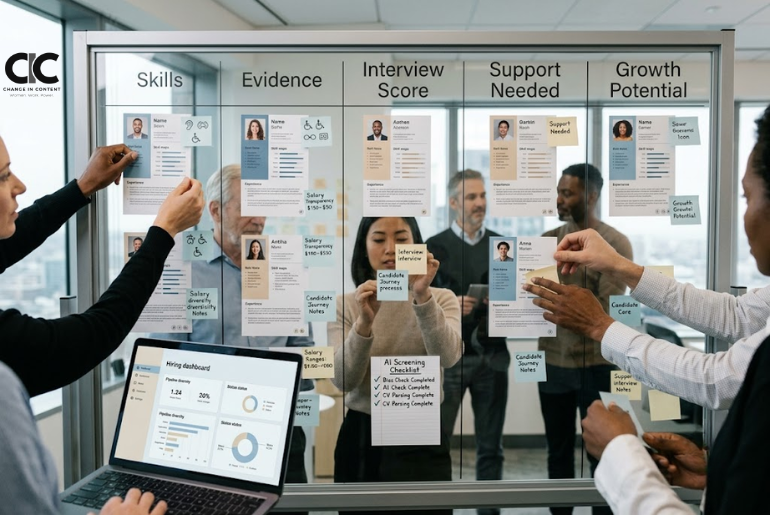 A modern hiring decision wall with skill maps, candidate cards and inclusive hiring notes.