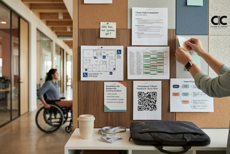 A workplace culture evidence wall showing meeting notes, promotion criteria, accessibility maps, flexible schedules and respectful communication cues.