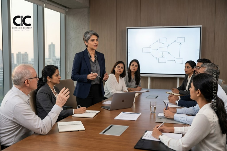 A woman executive presents a clear recommendation during a senior strategy meeting as colleagues listen and question the proposal.