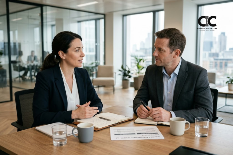 A woman and a man in a calm workplace negotiation across a meeting table.