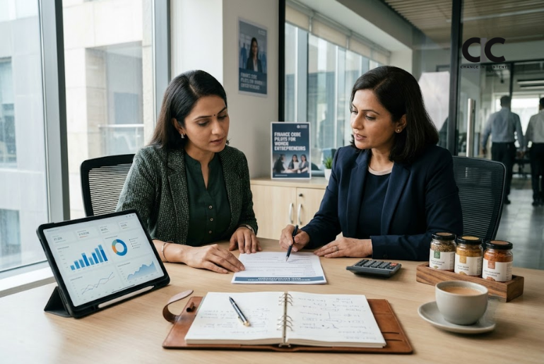 A woman entrepreneur reviewing finance documents with a banker, representing gender-responsive finance and the Women Entrepreneurs Finance Code Pilots.