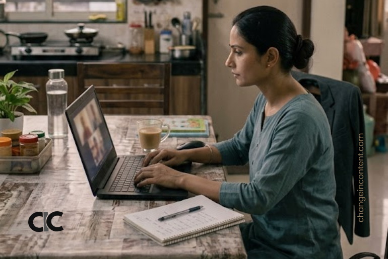 Woman working from home at a kitchen table with office items nearby, representing hybrid work and women’s work experience.