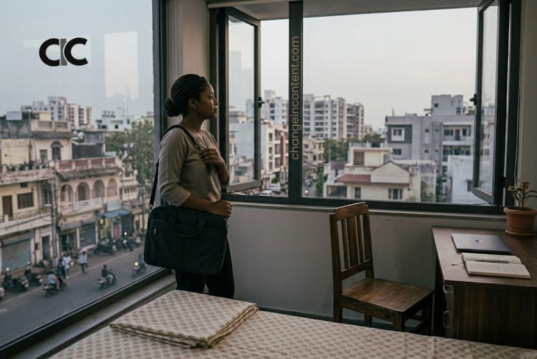 Indian working woman standing in a modest safe rental room, representing the need for safe and affordable housing for women near work.