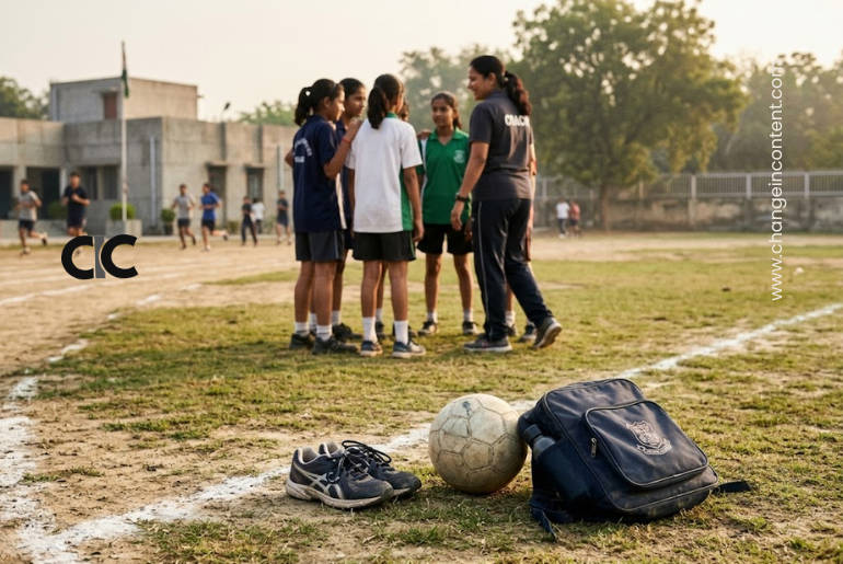 Girls standing in a team huddle on a sports ground with shoes, a football and a school bag in the foreground.