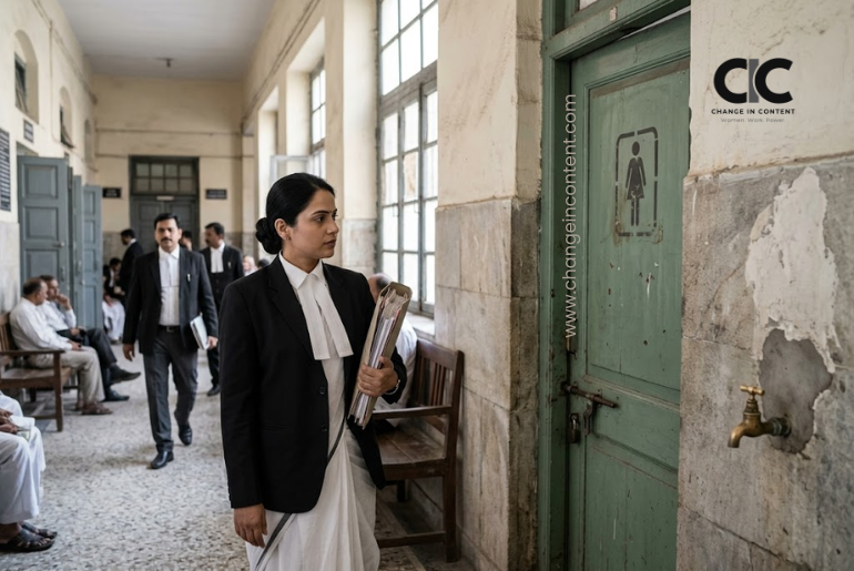 A woman lawyer carrying case files stands outside an inadequate washroom in a busy Indian court corridor.