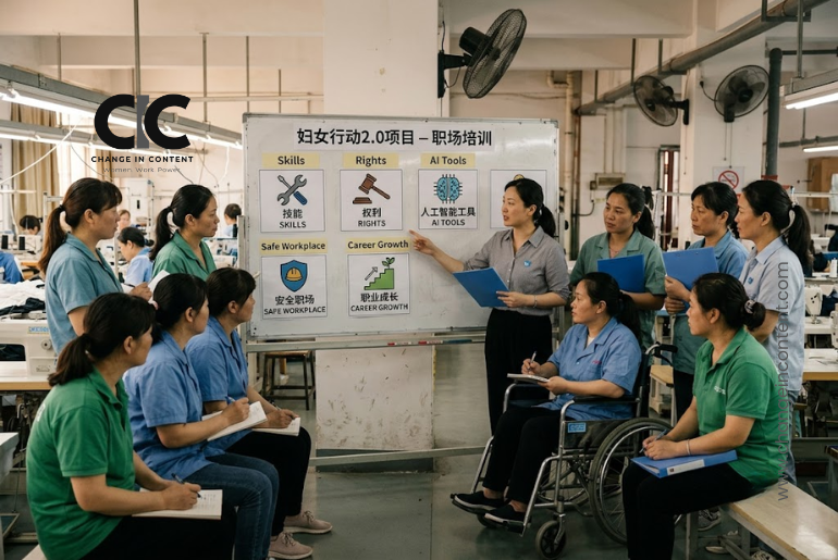Women workers in a Chinese workplace training session with a board showing skills, rights, AI tools and safe workplace themes.