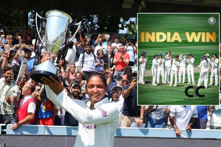 Indian Cricket Captain Harmanpreet Kaur posing with the trophy and fans at the Lord's Cricket stadium.