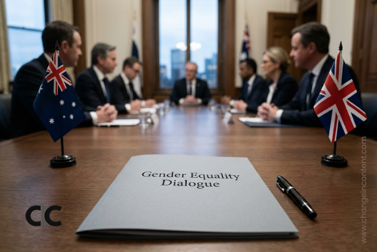 A diplomatic meeting table with Australian and UK flags and a folder marked Gender Equality Dialogue.