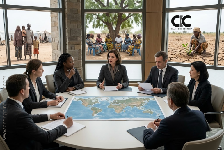 Women and men from several regions negotiate global policy around a table covering peace, development, climate and human rights.