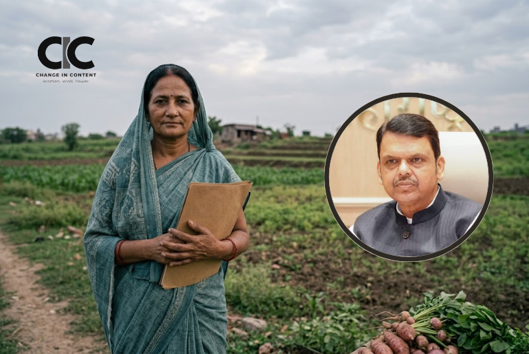Rural woman farmer in Maharashtra holding a document near a farm, representing official recognition under the Maharashtra Women Farmers Empowerment Bill.