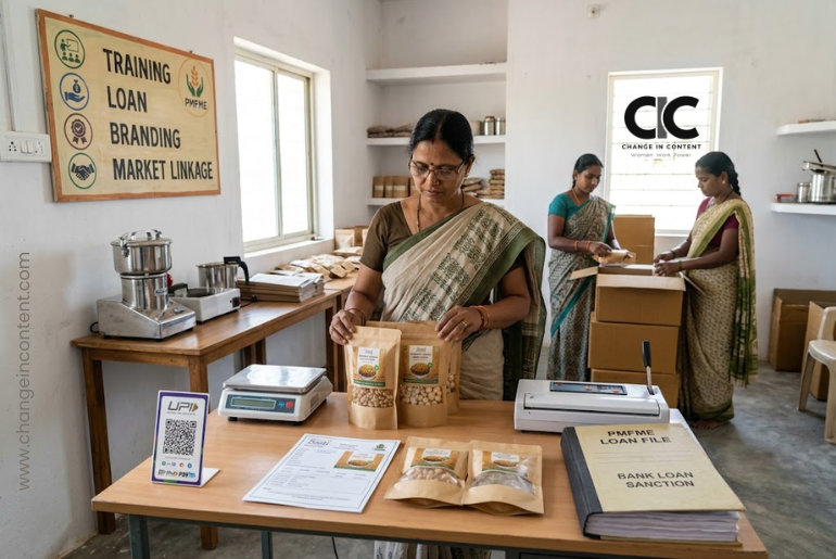 A woman entrepreneur checking packaged food products in a small Indian food processing unit supported by enterprise finance and training.