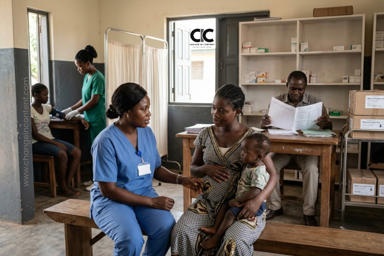 A healthcare worker supports a pregnant woman and child in a clinic facing limited maternal and child health supplies.