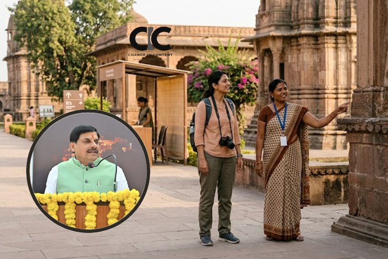 Woman traveller with a local woman guide at a Madhya Pradesh heritage destination, representing safer tourism spaces for women.