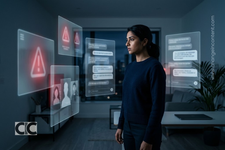 Woman facing abstract digital threat screens, representing technology-facilitated violence against women.