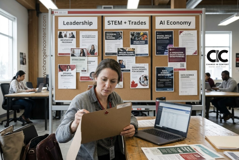 A woman reviewing a funding application in a Canadian community innovation centre, with leadership, STEM, trades and AI opportunity notes on a board.