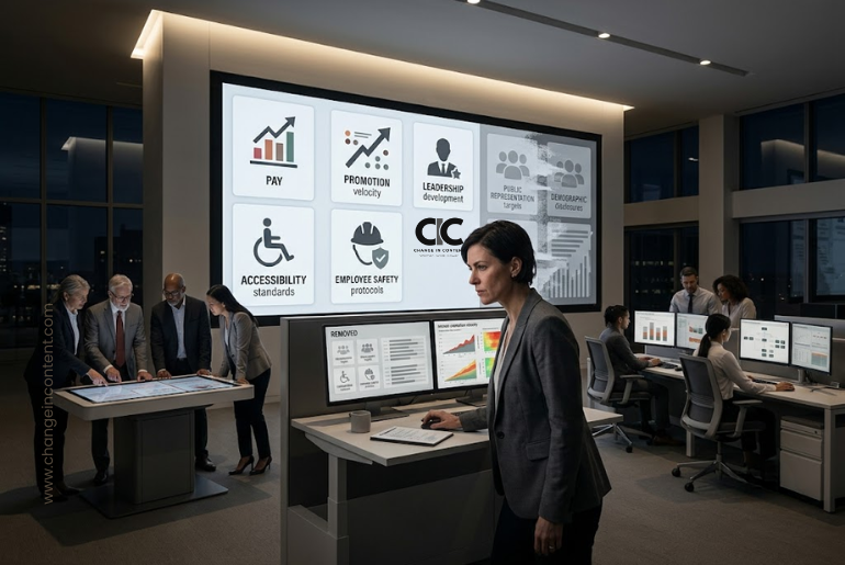 Corporate teams remove public diversity targets from a policy display while reviewing whether pay, promotion and inclusion systems will continue.